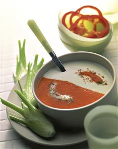 Two kinds of soup in a bowl: pepper and fennel