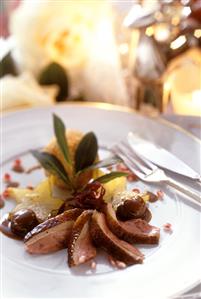 Duck breast, carved, with fruit and dumplings (1)