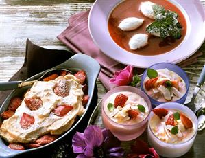 Strawberry mousse and soup; strawberry & rhubarb meringue (4)