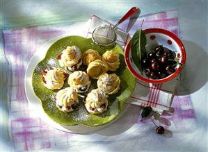 Sweet cream puff filled with cherries