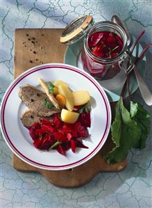 Boiled beef, beetroot pickles, potatoes & root vegetables