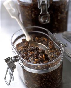Mincemeat (spiced dried fruit mixture) in jars (1)