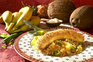Fried coconut-coated banana with rice