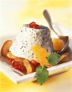 Poppy seed parfait on fruit salad