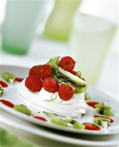 Lime mousse with raspberries and kiwi fruit