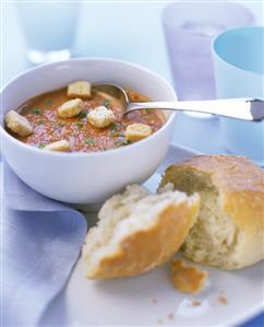 Cold tomato soup with croutons