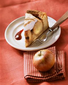 A piece of baked apple cake with meringue topping