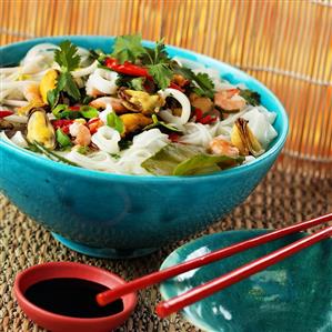 Asian seafood soup with glass noodles