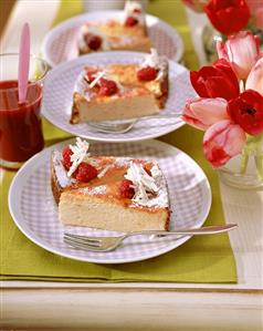 Pieces of quark cake with white chocolate and raspberries (1)