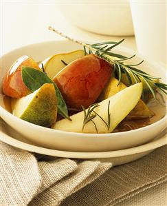 Apple and pear salad in rosemary and apple syrup