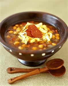 Chick pea soup with egg noodles and chorizo