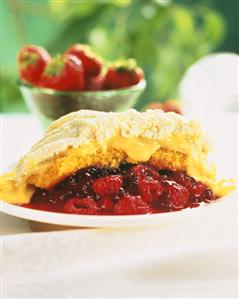 Berry cobbler (berries with scone topping, custard, cream)