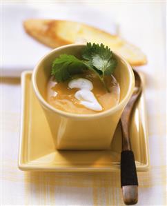 Pumpkin soup garnished with sour cream and coriander