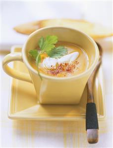 Pumpkin soup with sour cream, coriander, chili powder (2)