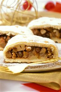 Three pieces of apple strudel, decorated for Christmas