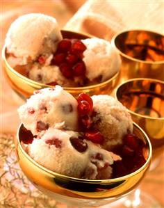 Grapefruit & pomegranate sorbet in festive gold-rimmed bowls