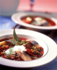 Beetroot soup with matje herrings and sour cream