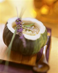 Pumpkin soup with rice & sherry in hollowed-out pumpkin