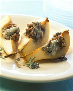 Three baked pear quarters with Roquefort & walnut stuffing