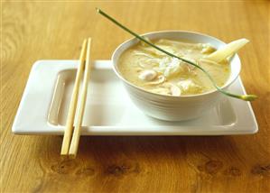 Asian cauliflower soup with glass noodles and mushrooms