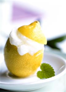 Lemon sorbet in a hollowed-out lemon