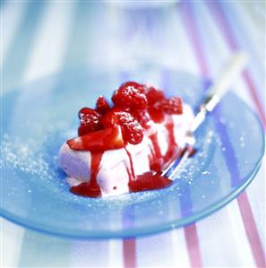 Raspberry parfait with strawberry and raspberry sauce