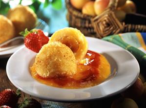 Apricot dumplings (made from potato dough) on fruit puree (1)