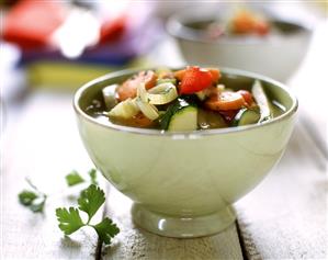 Colourful vegetable and garlic soup