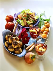 Green salad with peaches; apricot dumplings; cold fruit soup