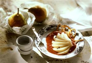 Stewed pear on strawberry sauce