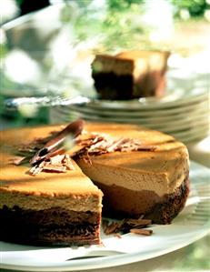 Chocolate and mocha gateau, a slice cut