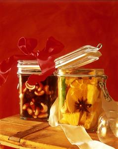 Sweet & sour mustard-pickled fruit & plums in port with cashews