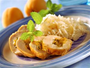 Chicken breast roll with apricot stuffing & almond rice