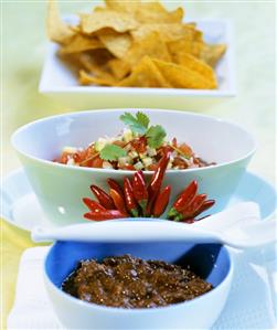 Mexican chocolate sauce and sweet chili sauce