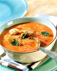 Creamed pepper soup with basil beignets