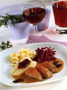 Venison Baden-Baden style with morels, red cabbage and noodles