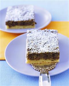 Piece of apple and poppy seed cake with icing sugar