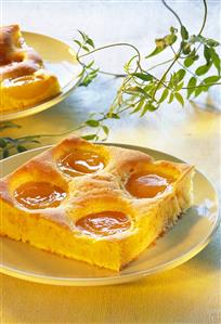 Piece of sour cream cake with apricots