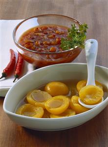 Apricots in tea syrup; apricot and tomato chutney