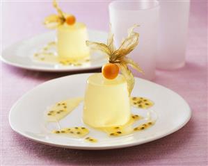 Lemon blancmange with passion fruit sauce