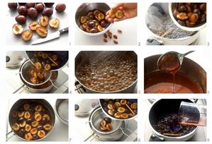 Making rum plums with lemon ice cream and caramel sauce