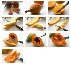 Preparing fruit platter: pineapple, mango, papaya & fig