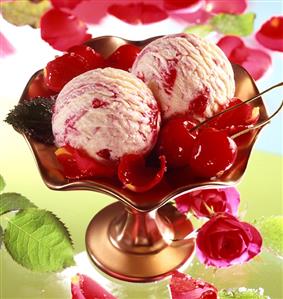 Vanilla and cherry ice cream with cherries and roses