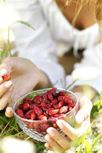 Young woman in grass with a bowl of wild strawberries (4)