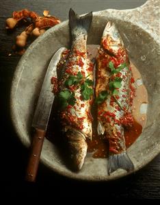 Roast trout in chili & tamarind stock with coriander (1)