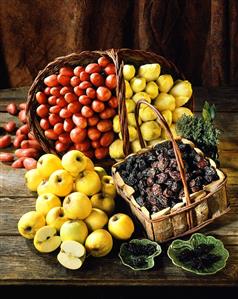 Still life with apples, potatoes, chicory and prunes