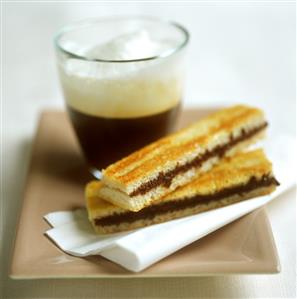 Cinnamon and chocolate slice and espresso macchiato