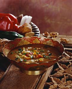 Subzi narial ambal (vegetable & coconut soup with nuts, India)