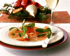 Salmon carpaccio with pink grapefruit segments & corn salad