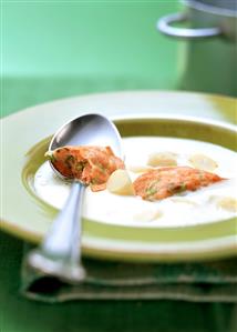 Asparagus soup with salmon parcels